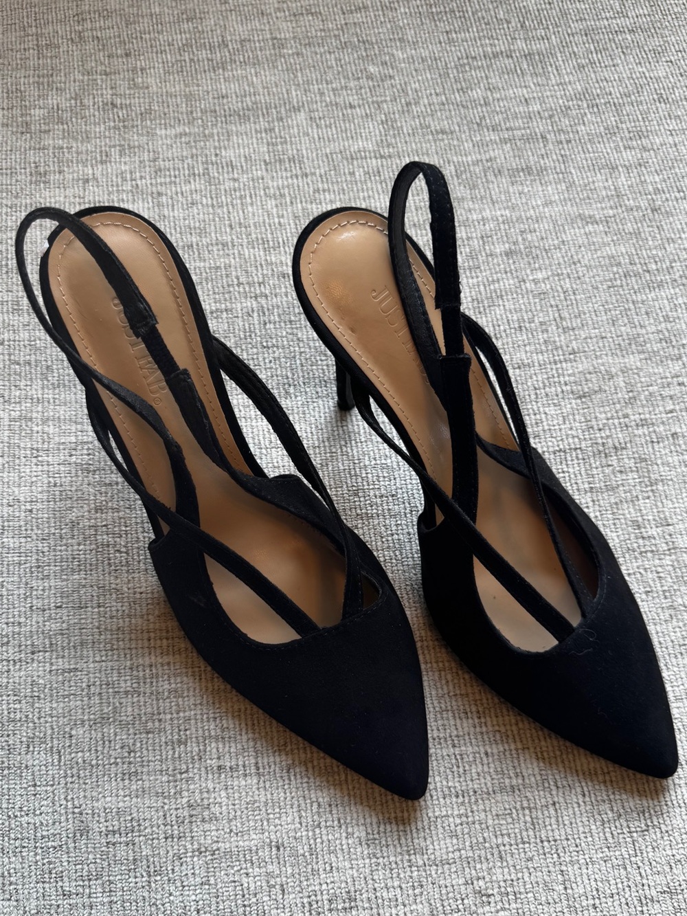 JustFab Pointed Toe Black Suede “Armelle Slingback High Heels”